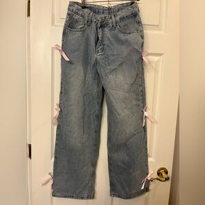 Stylish Blue Denim Jeans with Pink Bows